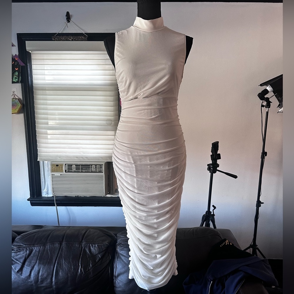 Women's Sexy Bodycon High Neck Sleeveless Ruched Midi Cocktail Party Dress - Picture 4 of 8